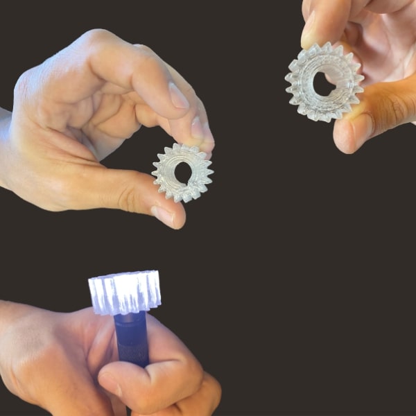 pc gear tranlucent translucide transparent Pollen AM mim metal cim ceramic technical 3D printing 3D printer industrial pellets granules extrusion small series medium series stainless steel thermoplastic granules open to materials multi-material