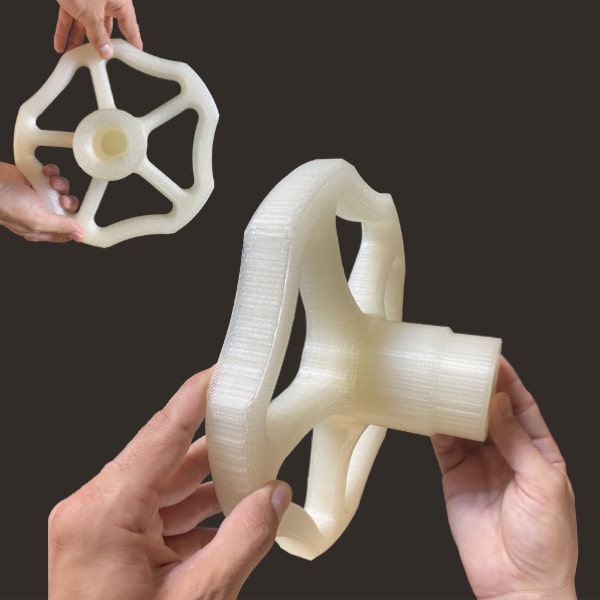 FGF Fused Granulate Fabrication FGM Fused Granulate Modeling large valve actuator Pollen AM mim metal cim ceramic technical 3D printing 3D printer industrial pellets granules extrusion small series medium series stainless steel thermoplastic granules open to materials multi-material