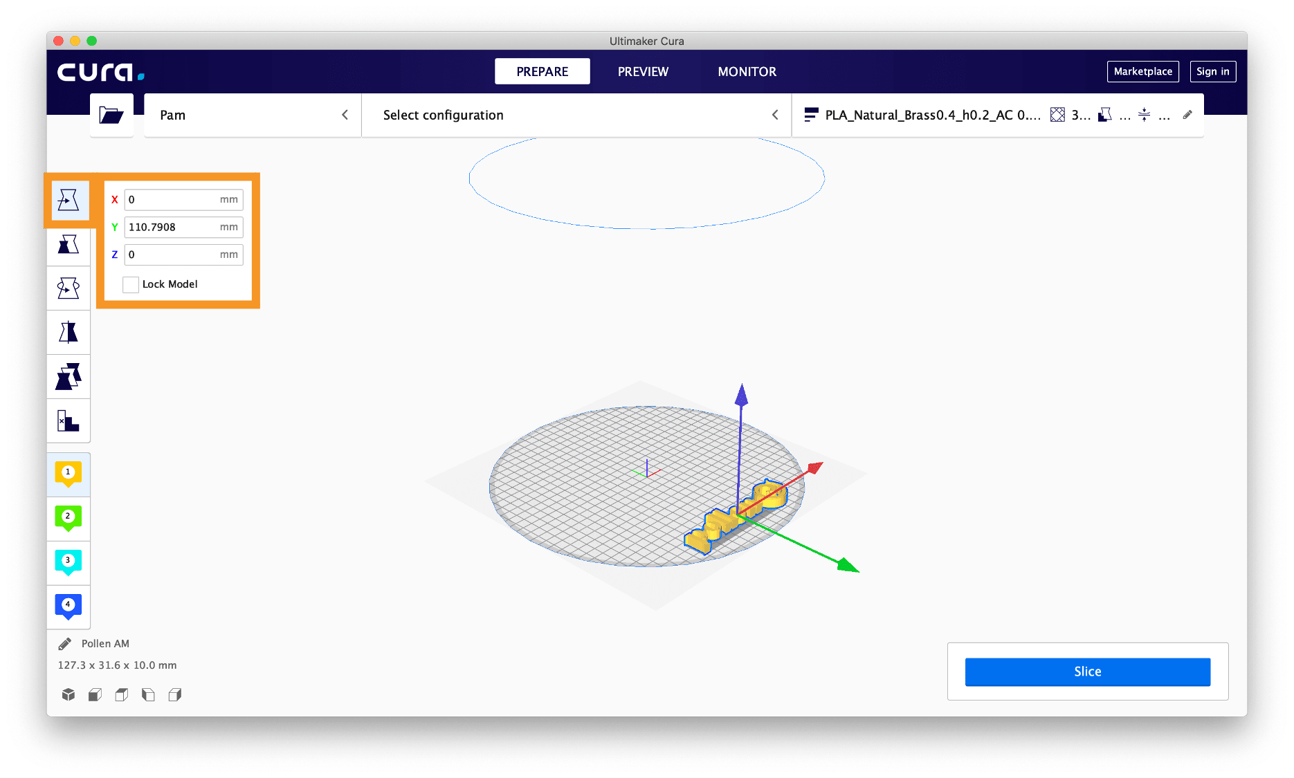 FGF Fused Granulate Febrication FGM Fused Granulate Modeling Déplacer le fichier 3D dans le logiciel de tranchage Impression 3D Imprimante 3D Fabrication additive Pollen AM Pam Imprimantes 3D Cura