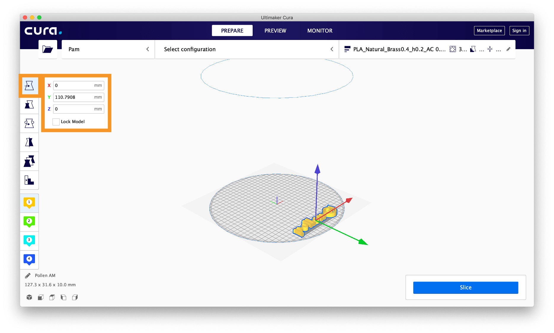 Déplacer le fichier 3D dans le logiciel de tranchage Impression 3D Imprimante 3D Fabrication additive Pollen AM Pam Imprimantes 3D Cura