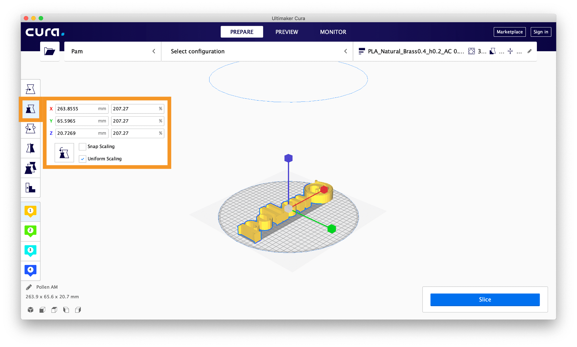 Mise à l'échelle du fichier 3D dans le logiciel de tranchage Impression 3D Imprimante 3D Fabrication additive Pollen AM Pam Imprimantes 3D Cura