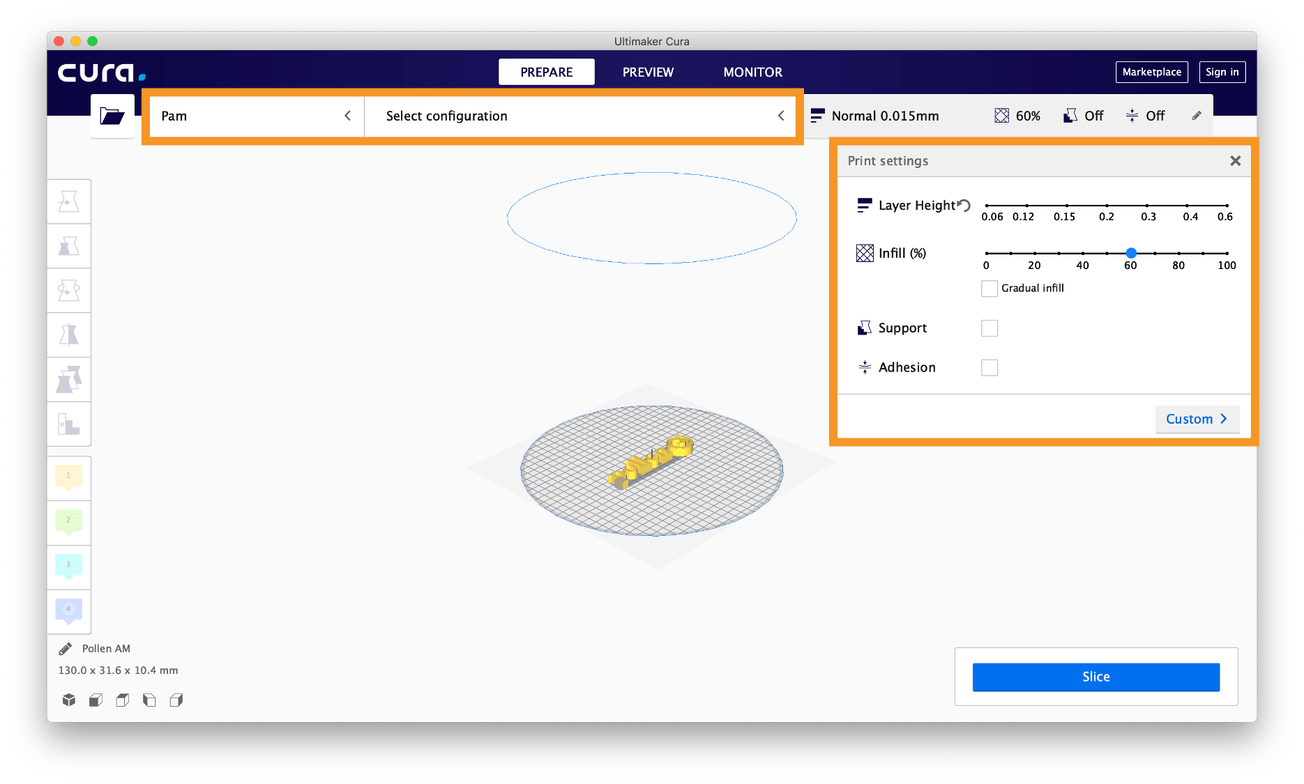 Tools panel slicing software 3D printing 3D printer additive manufacturong Pollen AM Pam 3D printers Cura scale rotate move multiply part