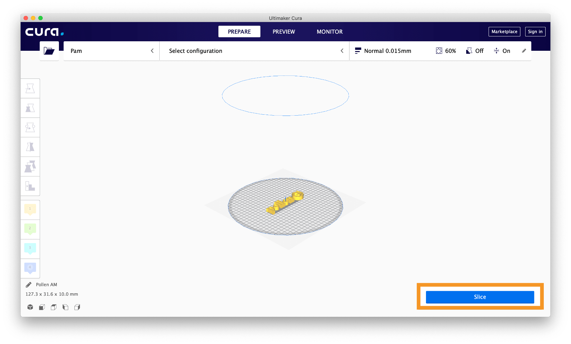 Outils panneau logiciel de tranchage impression 3D imprimante 3D fabrication additive Pollen AM Pam imprimantes 3D Cura échelle rotation déplacement multiplication pièce