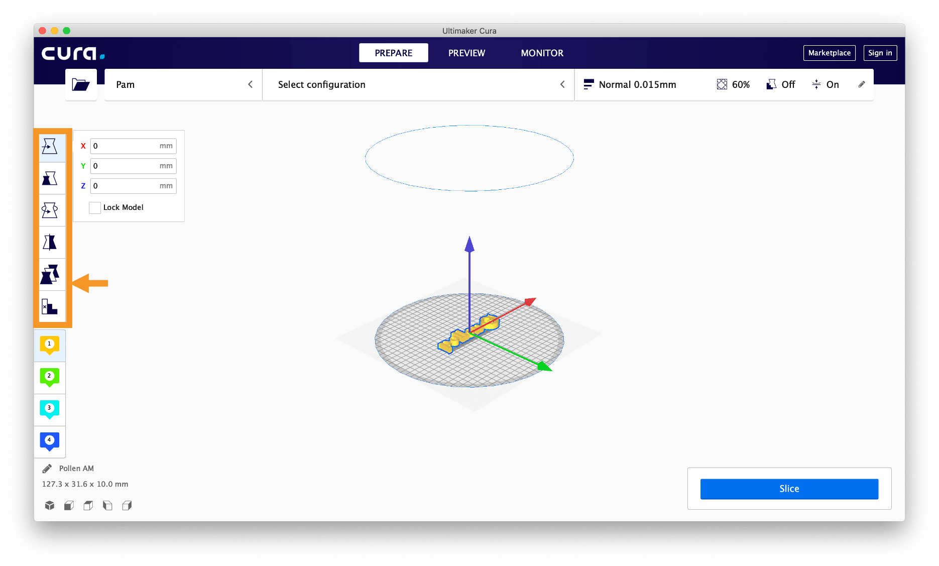 FGF Fused Granulate Febrication FGM Fused Granulate Modeling Outils panneau logiciel de tranchage impression 3D imprimante 3D fabrication additive Pollen AM Pam imprimantes 3D Cura échelle rotation déplacement multiplication pièce