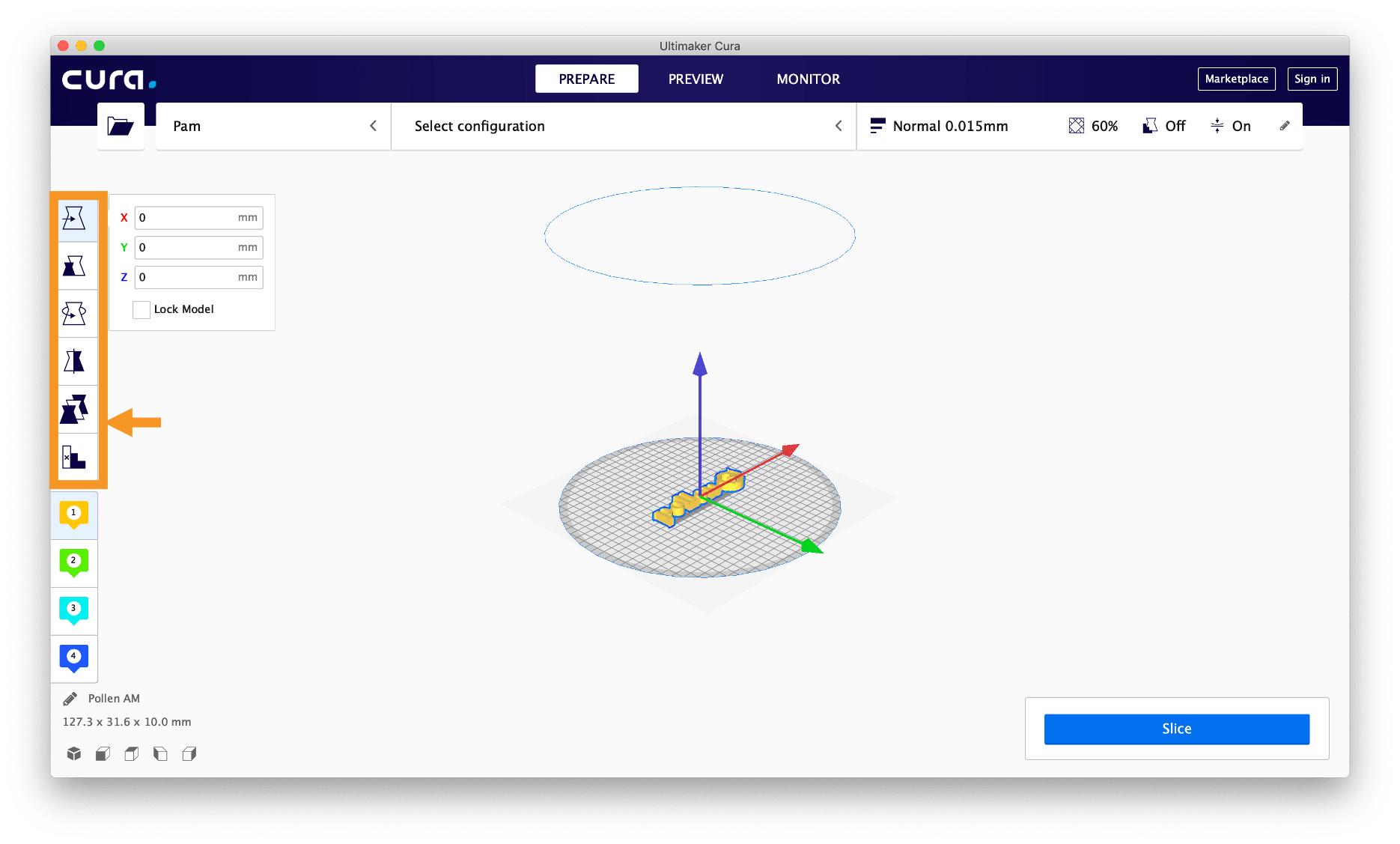 Outils panneau logiciel de tranchage impression 3D imprimante 3D fabrication additive Pollen AM Pam imprimantes 3D Cura échelle rotation déplacement multiplication pièce